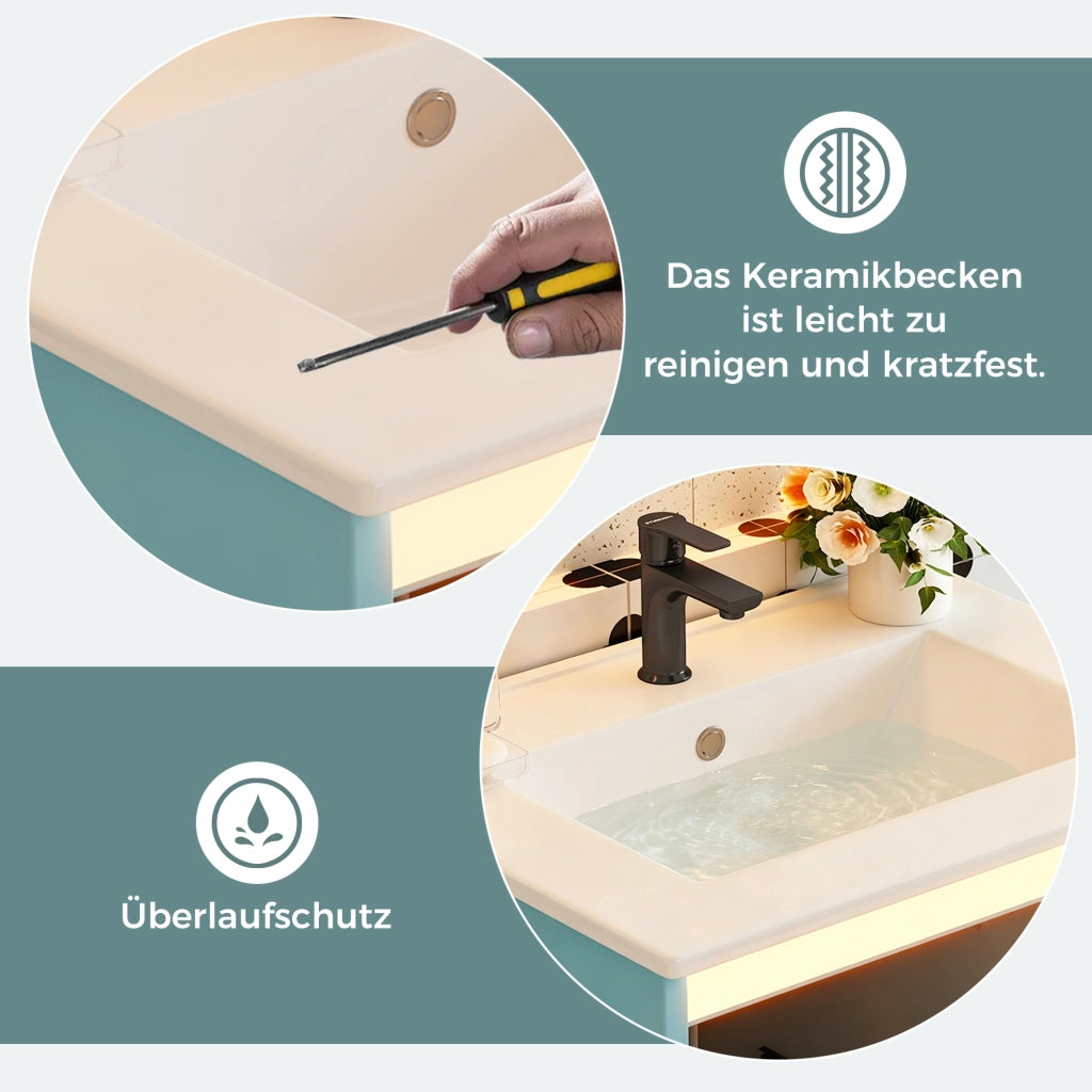 Mobile sottolavabo con lavabo in ceramica 1 anta e 2 cassetti per bagno in MDF e ceramica blu 61 × 46,5 × 87 cm