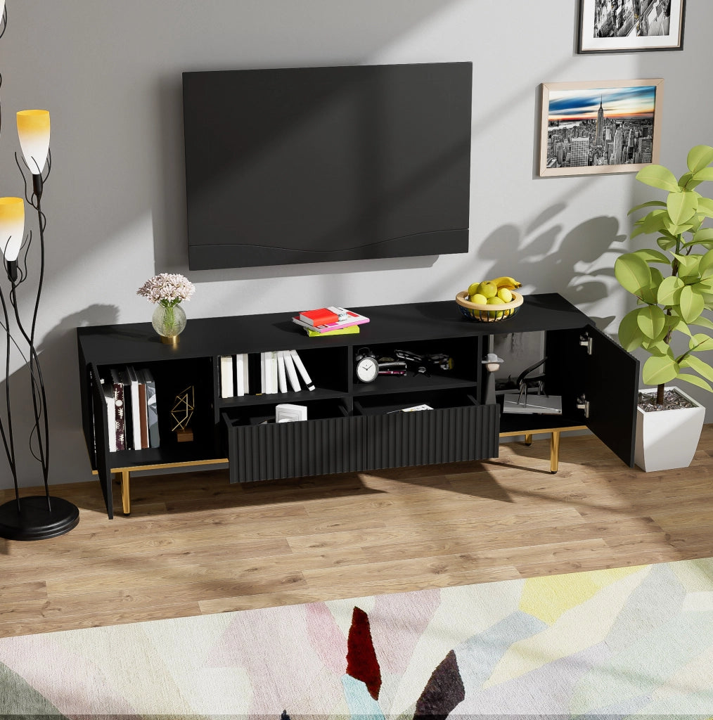 Mobile TV moderno 165 cm con 2 ante; 2 cassetti e dettagli oro; nero