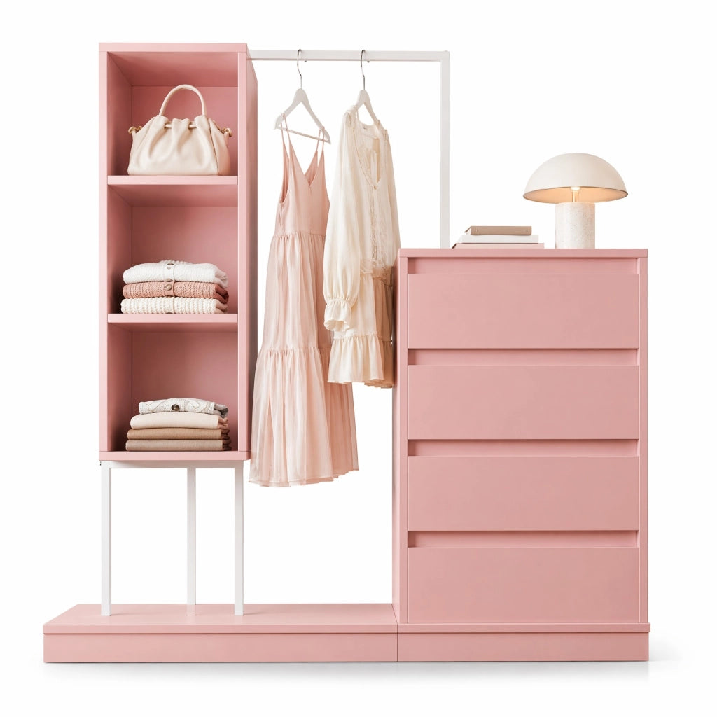 Armadio multifunzione con cassetti e barra appendiabiti, 140 x 40 x 135 cm, rosa e bianco