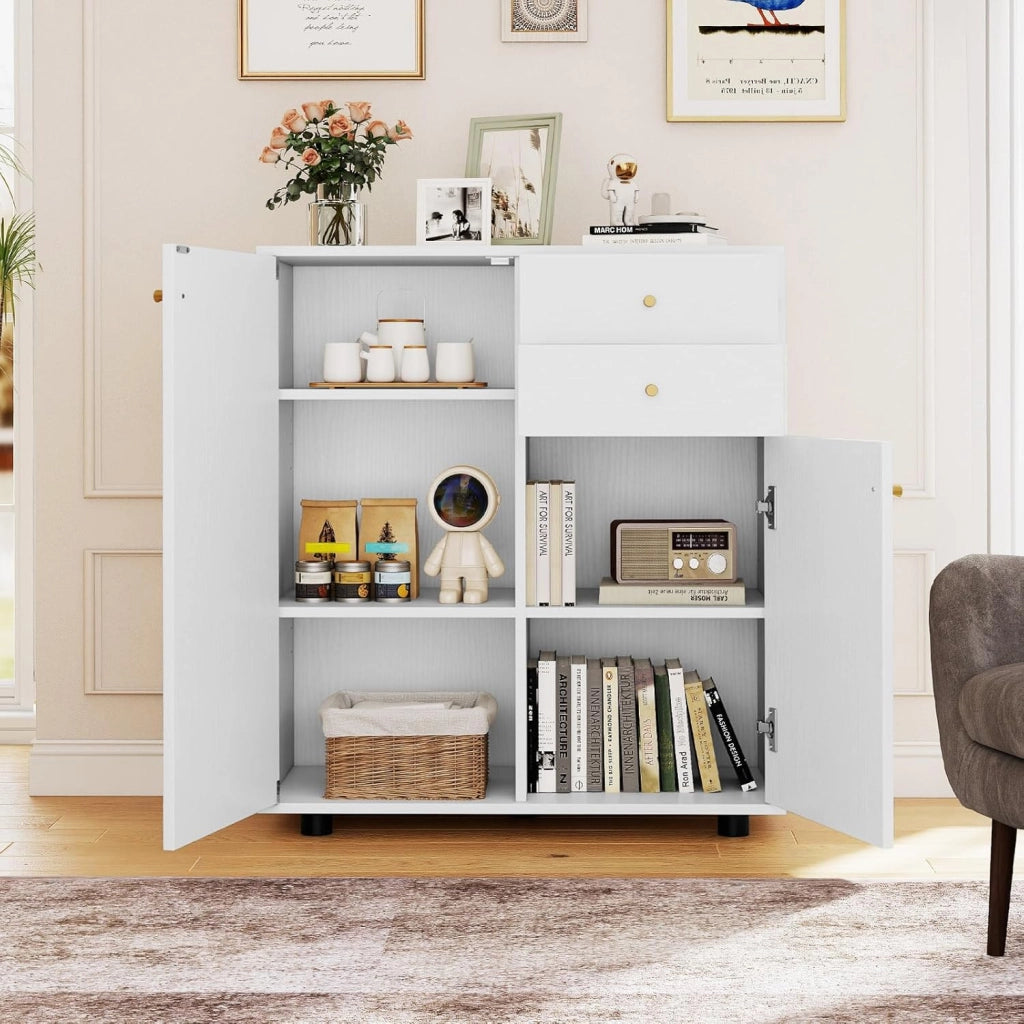 Armadietto da Cucina in Legno con 2 Cassetti e 3 Ripiani Regolabili, Credenza Sala da Pranzo e Soggiorno, 74 x 35 x 85,5 cm