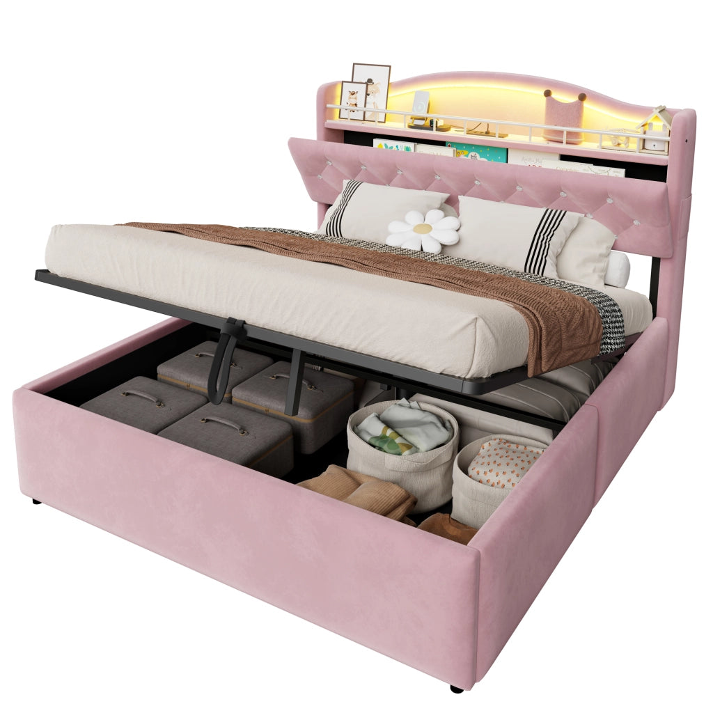 Letto imbottito 140x200 cm con contenitore idraulico, LED, porte USB e USB-C, rosa