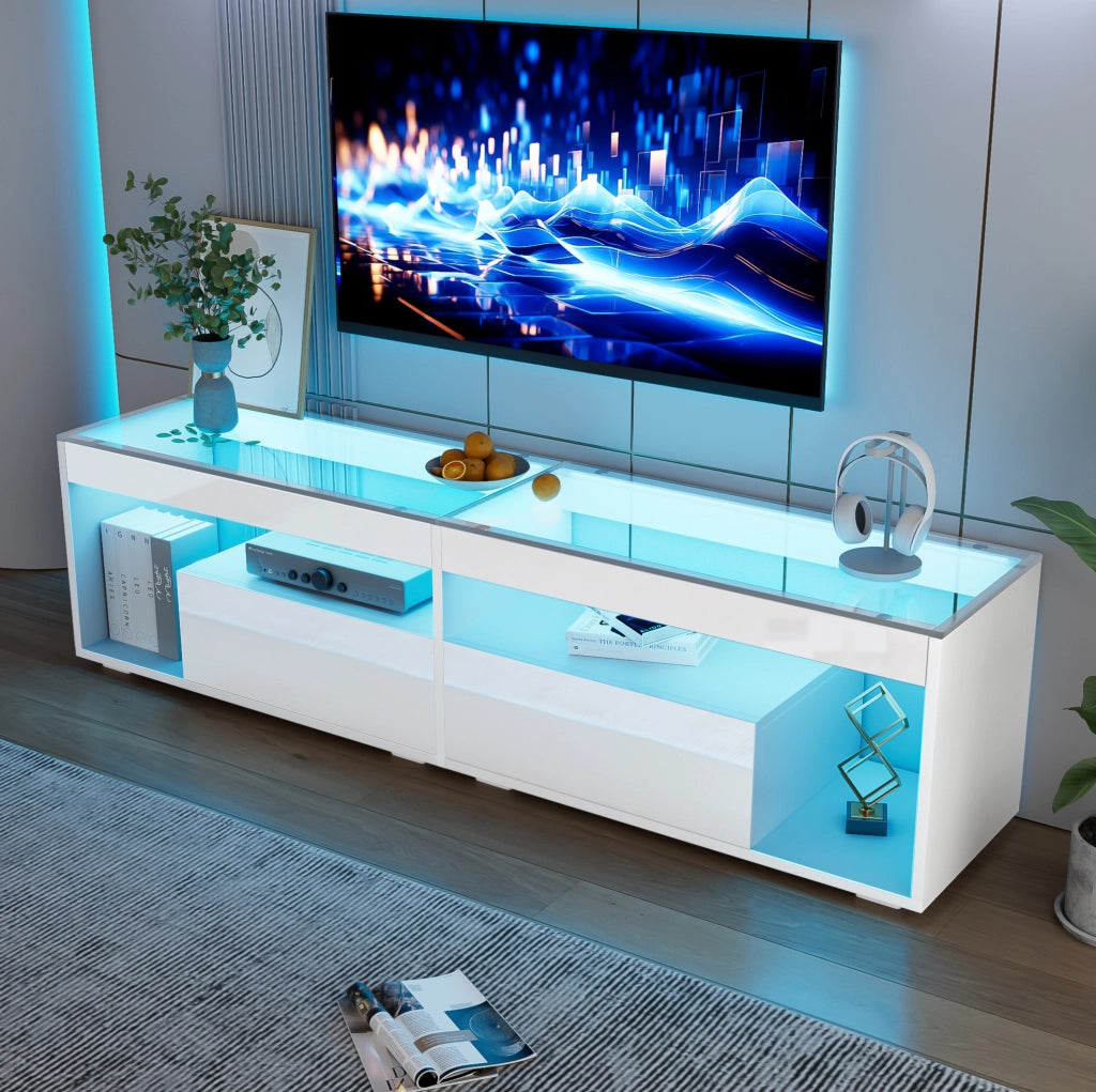 Mobile TV ULEVR 180x40x46 cm con LED dimmerabile, 2 cassetti e vetro temprato, bianco