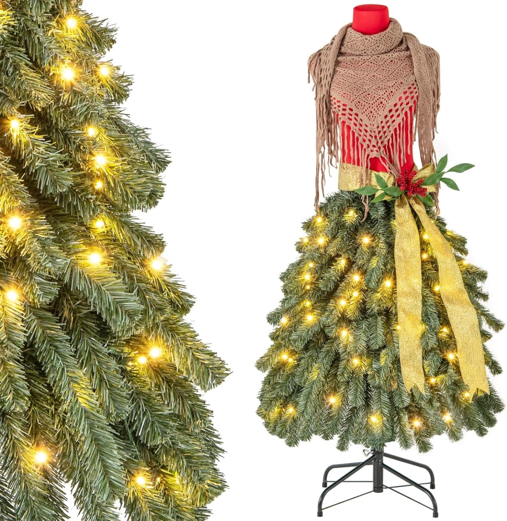 Albero di Natale Artificiale 150 cm con Manichino Pre-Illuminato, Albero di Natale a Forma di Abito con 248 Punte di Rami, 100 Luci a LED Bianche Calde, Sciarpa Rimovibile