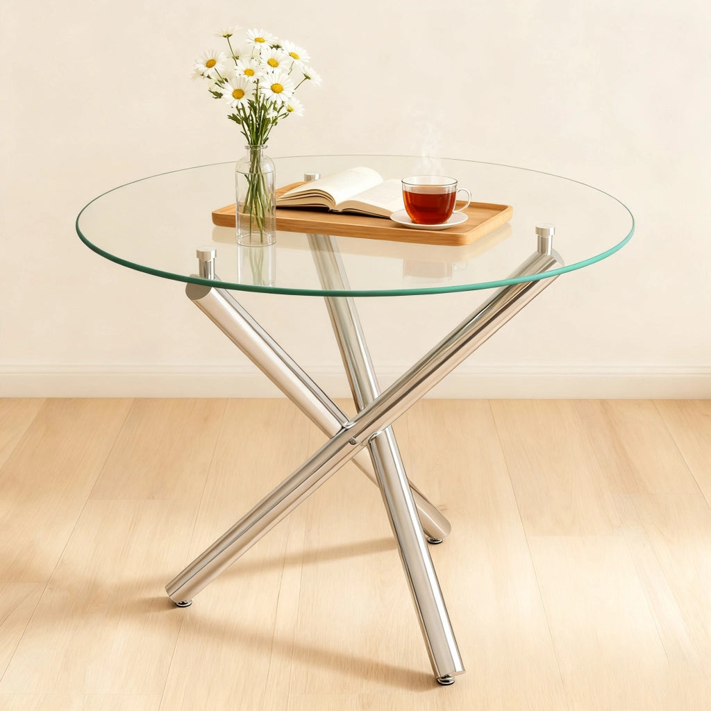 Tavolo da pranzo rotondo con piano in vetro temperato e gambe in metallo, per 2-4 persone, argento, 80 × 80 × 76 cm