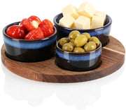 Set di servizio - set di scaldini per tapas mezze antipasti - tavola in legno di acacia - 3 scaldini in diverse misure con piatto da portata (4 parti azzurro)