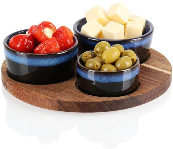 Set di servizio - set di scaldini per tapas mezze antipasti - tavola in legno di acacia - 3 scaldini in diverse misure con piatto da portata (4 parti azzurro)