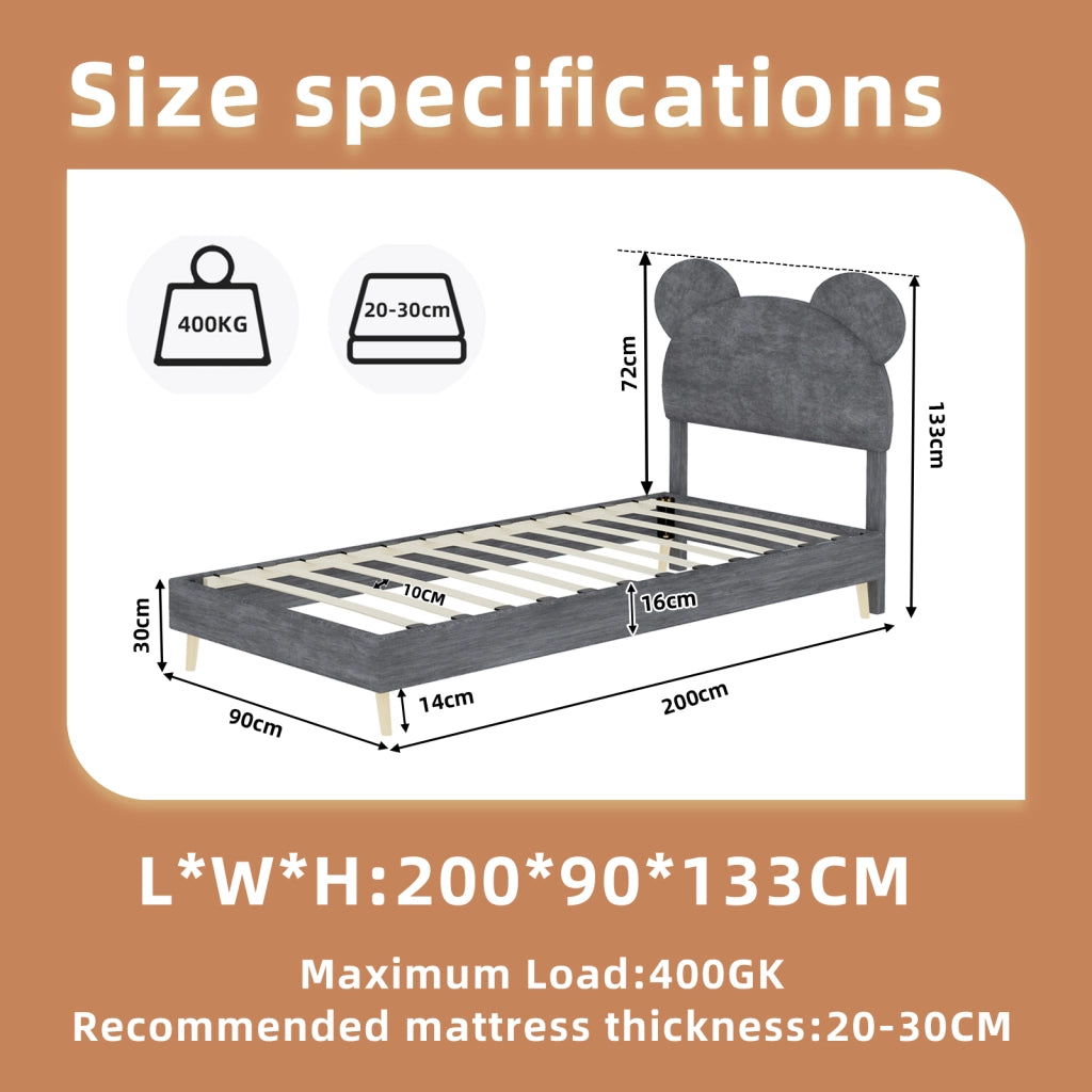 DESMIU Letto per bambini 90 × 200 cm con testiera cartoon, vano pneumatico, senza materasso, grigio