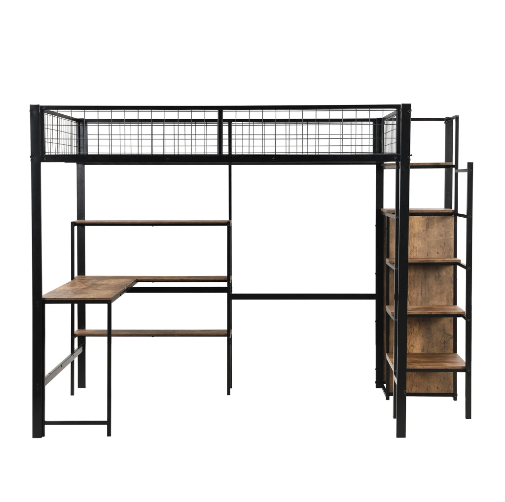 Letto a soppalco 140x200 cm; scrivania e armadio; MDF e metallo; nero e marrone (Senza materasso)