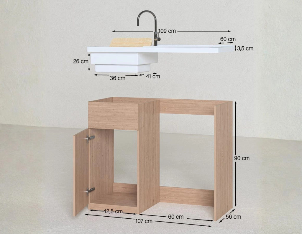 Mobile coprilavatrice Brilla Dx - Con 1 anta e lavatoio  Contenitore salvaspazio per bagno e lavanderia - Lavatrice non inclusa - Bianco - 109x93x60 cm_