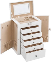 Cassa di abbonamento, grande cassa di gioielli con 6 livelli, cassa di gioielli con porte a battente, contenitore, specchio e chiusura, per anelli, orecchini, regalo di San Valentino per lei, bianca