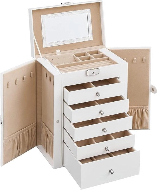 Cassa di abbonamento, grande cassa di gioielli con 6 livelli, cassa di gioielli con porte a battente, contenitore, specchio e chiusura, per anelli, orecchini, regalo di San Valentino per lei, bianca