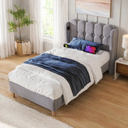 Letto imbottito matrimoniale 90x200 cm con USB e Tipo C, struttura con testiera in tessuto grigio