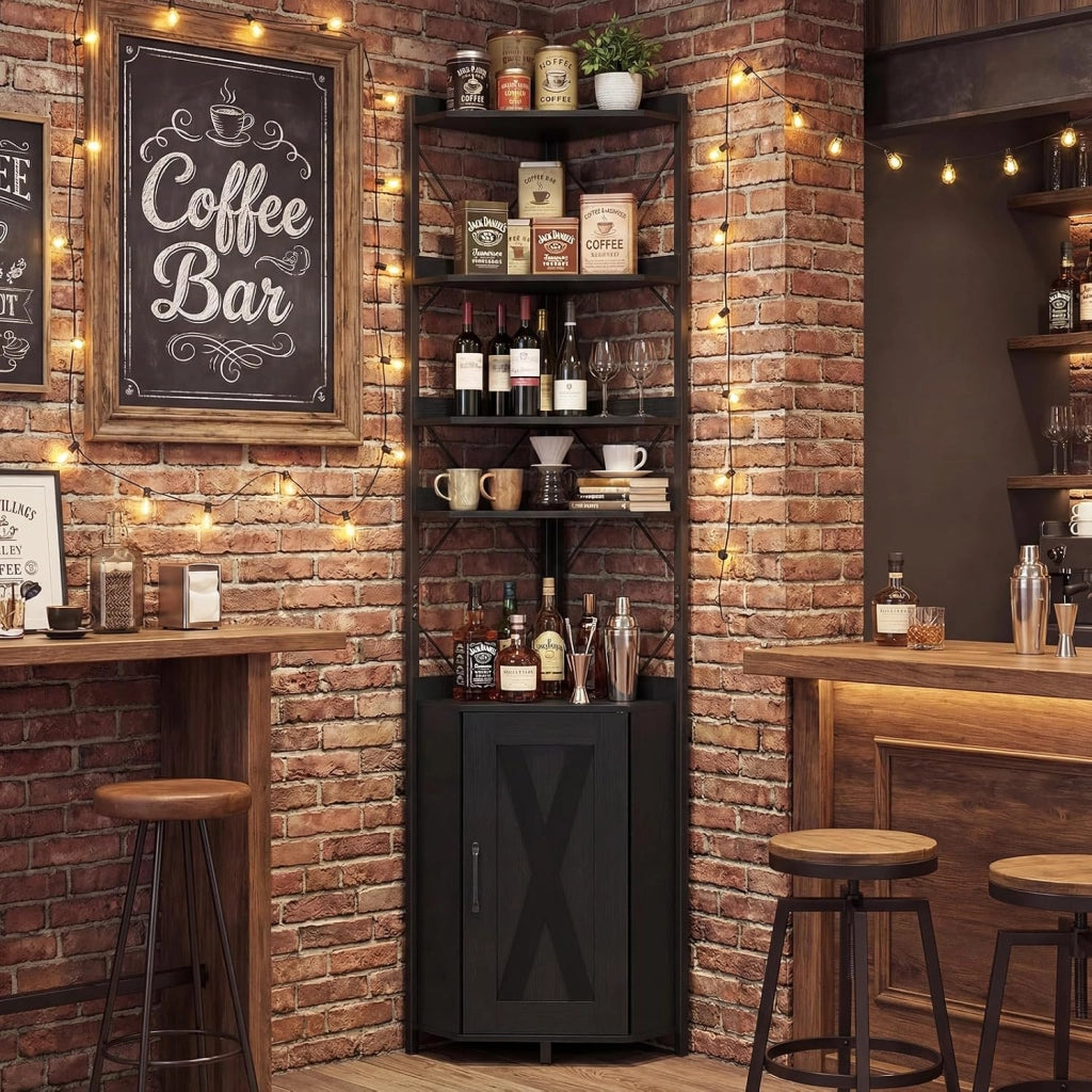 Libreria a 5 Ripiani, Mensola ad Angolo con Spazio di Archiviazione, Armadio ad Angolo con Paraspigoli Anticaduta, Autoportante, con 2 Kit Antiribaltamento, 38 x 38 x 180 cm (Nero)
