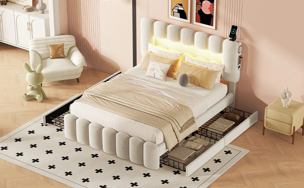 DESMIU Letto imbottito 140 × 200 cm 2 posti con 4 cassetti, LED, USB e altoparlanti, senza materasso, beige