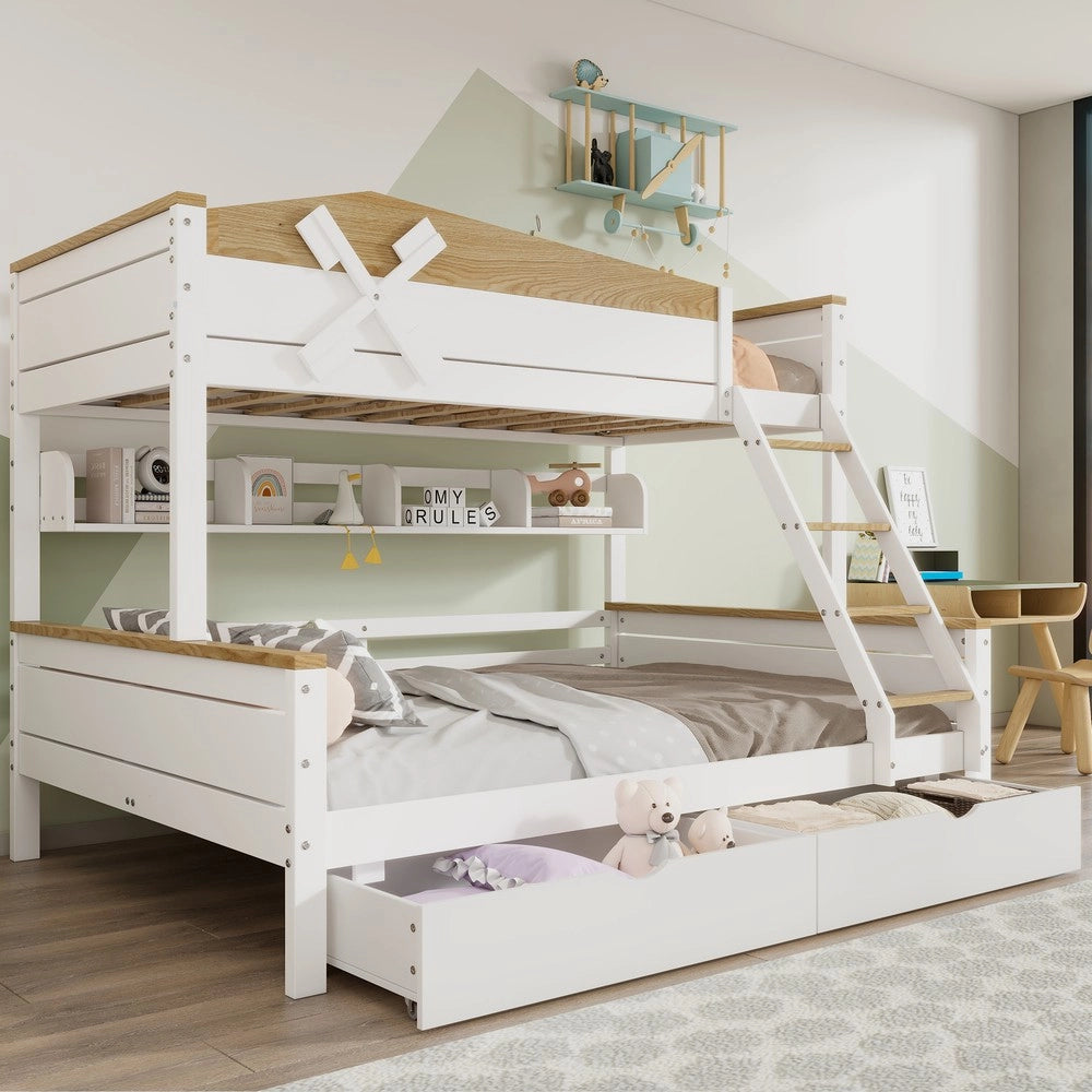 Letto a Castello con Cassetti e Ripiani ¨C MINIMAL ¨C Pino, Bianco/Naturale, 90x200 & 140x200