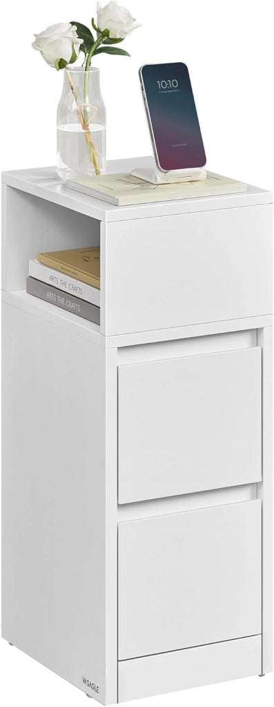 VASAGLE Kailyn Collection - Comodino stretto, set di 2, tavolino, 2 cassetti e vano aperto, montaggio a sinistra o a destra, camera da letto, soggiorno, beige naturale e bianco nuvola LET856N01