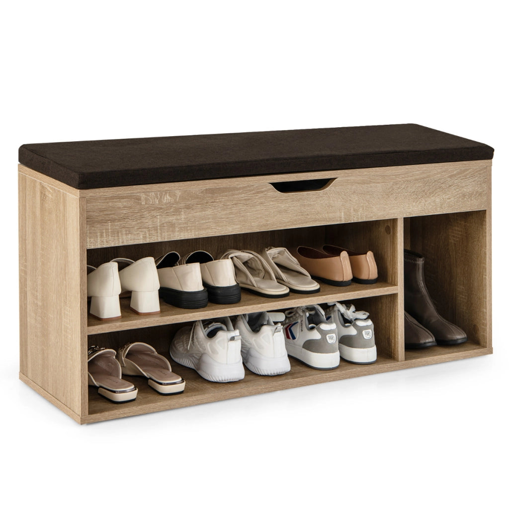 Scarpiera in legno con cuscino morbido e cassetto due ripiani-Scaffale per scarpe per casa 104x30x48cm Naturale