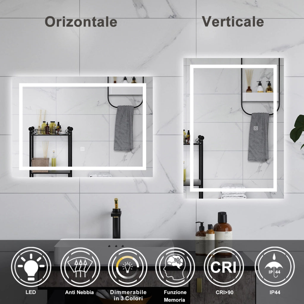 AICA Specchio da bagno  80 x 120 cm, dimmerabile, interruttore touch, Funzione Memoria, antiappannamento, 3 colori