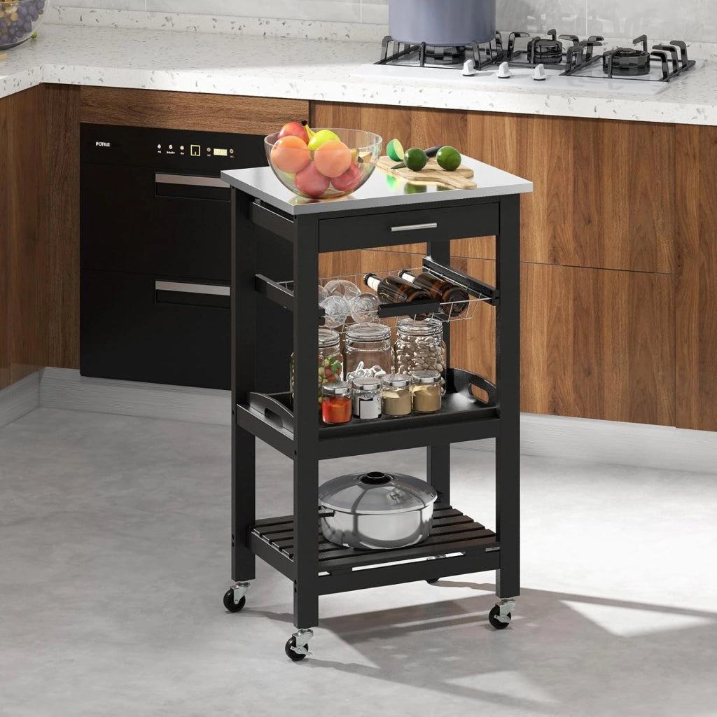 Carrello da Cucina a 4 Livelli, Isola da Cucina con Piano in Acciaio Inox, Cestino in Rete e Vassoio di Servizio Rimovibile, Carrello Bar per Cucina e Sala da Pranzo, 47x39x85 cm (Nero)
