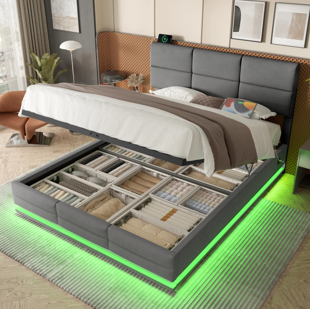 Letto 140x200 in velluto grigio con LED, USB e vano contenitore