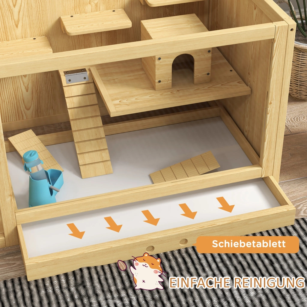 Tiragraffi per gatti in legno con due ambienti e piattaforme multiple per criceti e gerbilli legno naturale