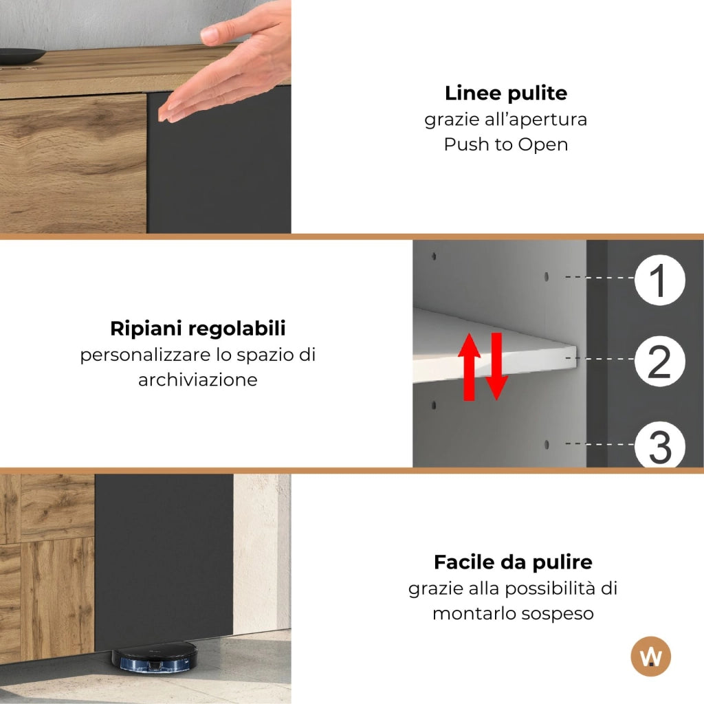 WHOUS Credenza sospesa Iseo con 3 ante e 6 scomparti interni antracite opaco e rovere 150x35x70 cm