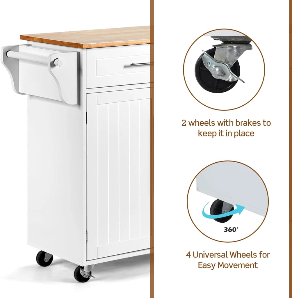 Carrello Portaoggetti con Ruote con 2 Freni, Isola Cucina in Rovere Massiccio, Mobiletto da Pranzo con Portaspezie e Portasciugamani, per Soggiorno, 111,5 x 46 x 93 cm, In 2 Pacchi (Bianco)
