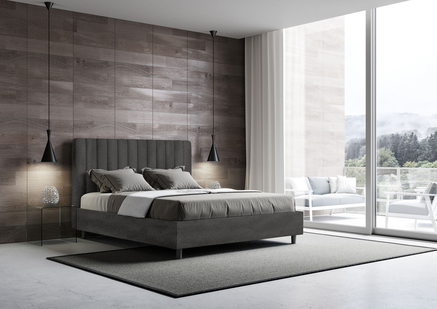 Letto Matrimoniale 160x190 cm con Rete e Contenitore con Testata e Alzata Comoda Imbottito in Microfibra Agueda Grigio