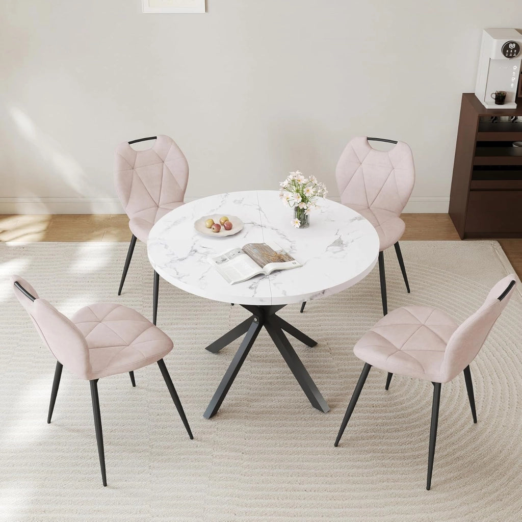 GrandCA HOME Set da 5 Pezzi Tavolo e Sedie da Pranzo, Tavolo Rotondo da 100 cm con 4 Sedie Imbottite Moderne, Adatto Per Sale da Pranzo e Cucine Soggiorno (Motivo Marmo+ Beige)