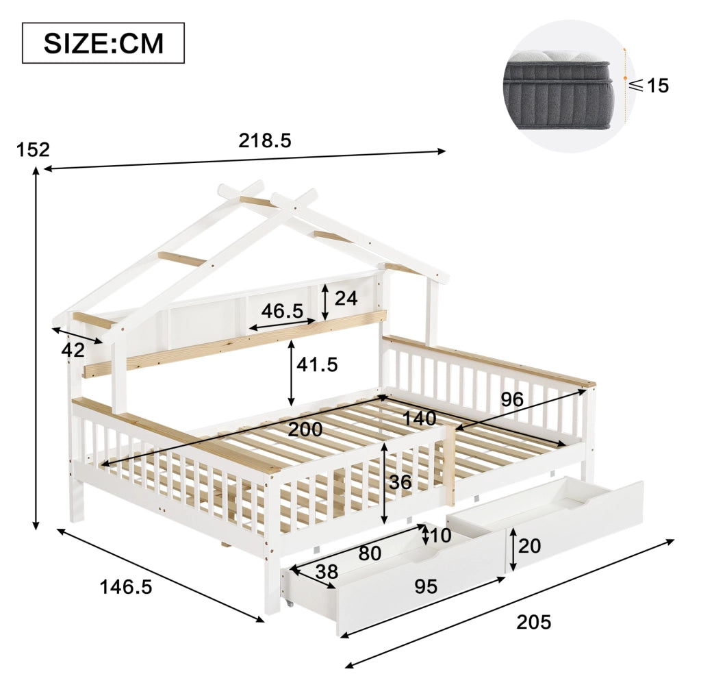 Letto per bambini 140x200 cm con tetto, sponde di sicurezza e 2 cassetti