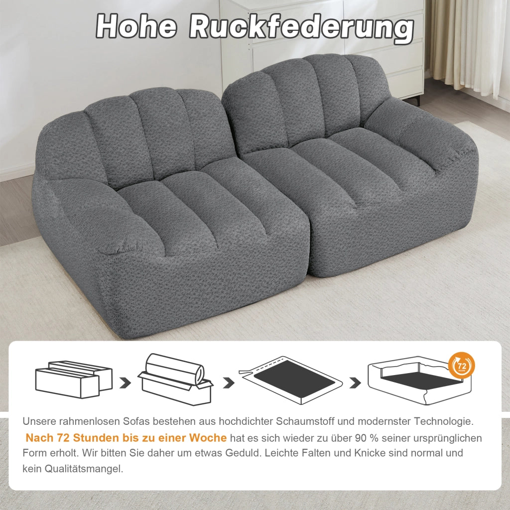 Divano modulare a 2 posti senza struttura con seduta profonda e braccioli ergonomici per soggiorno in fleece grigio