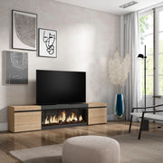 Mobile TV Soggiorno, 208x35x45cm, Per TV fino a 80", Camino elettrico XXL, colore Rovere e nero RF3265