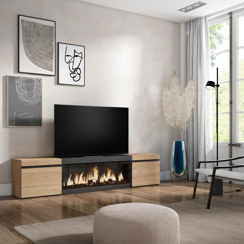 Mobile TV Soggiorno, 208x35x45cm, Per TV fino a 80", Camino elettrico XXL, colore Rovere e nero RF3265