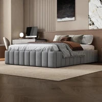 Letto Matrimoniale Moderno con Rete a Doghe, Design Minimalista, senza Testiera e Materasso, 4 Cassetti Contenitori, 218x149x35 cm, Grigio