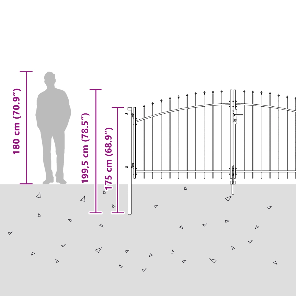 Cancello da Giardino con Punta a Lancia a Due Ante Grigio 150x300 cm in Acciaio