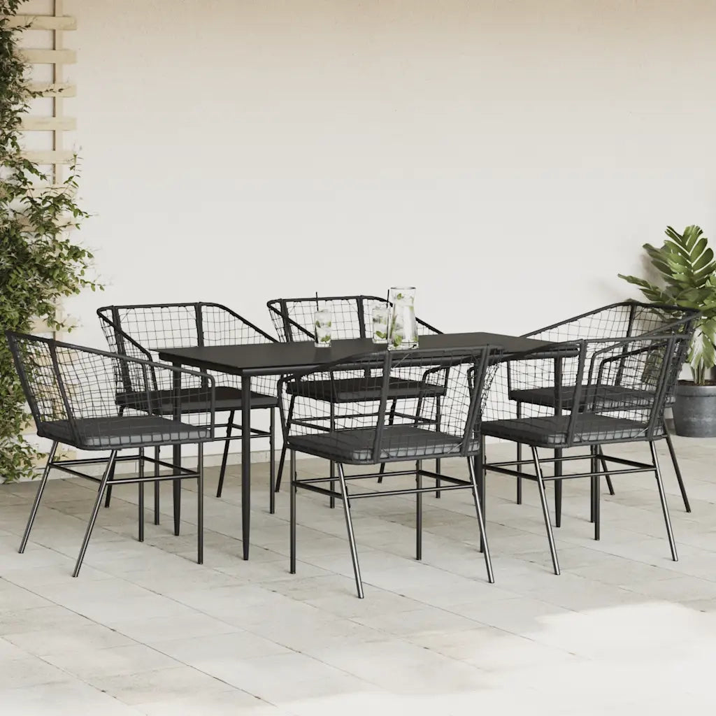 Set Pranzo da Giardino 7 pz | Set Salotto da Giardino Nero con Cuscini Polyrattan Vetro