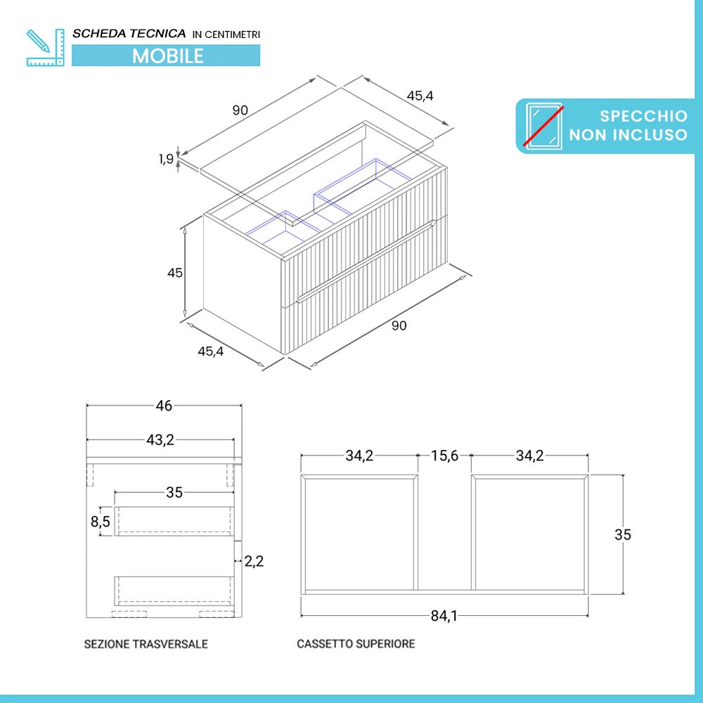 Mobile bagno sospeso cannettato 90 cm rovere chiaro con top Bali