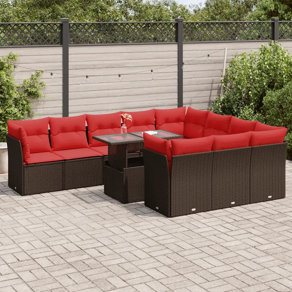 Set Divani Giardino 11 pz con Cuscini Polyrattan Marrone Acacia 3326235