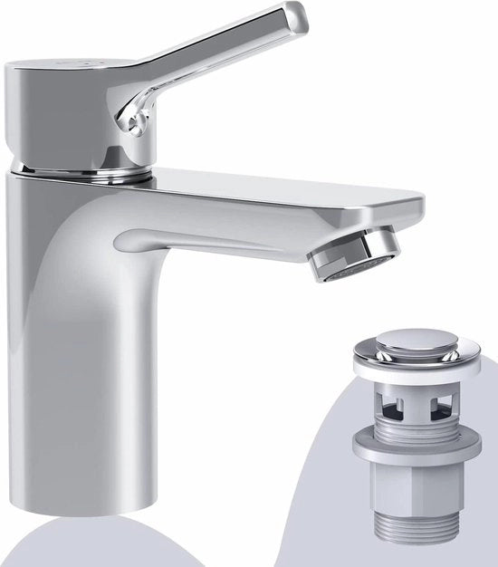 Wastafellocazione con miscelatore e miscelatore a comando e impianto di scarico a click - scarico corto 79 mm - valvola pop-up - cromato - bagno