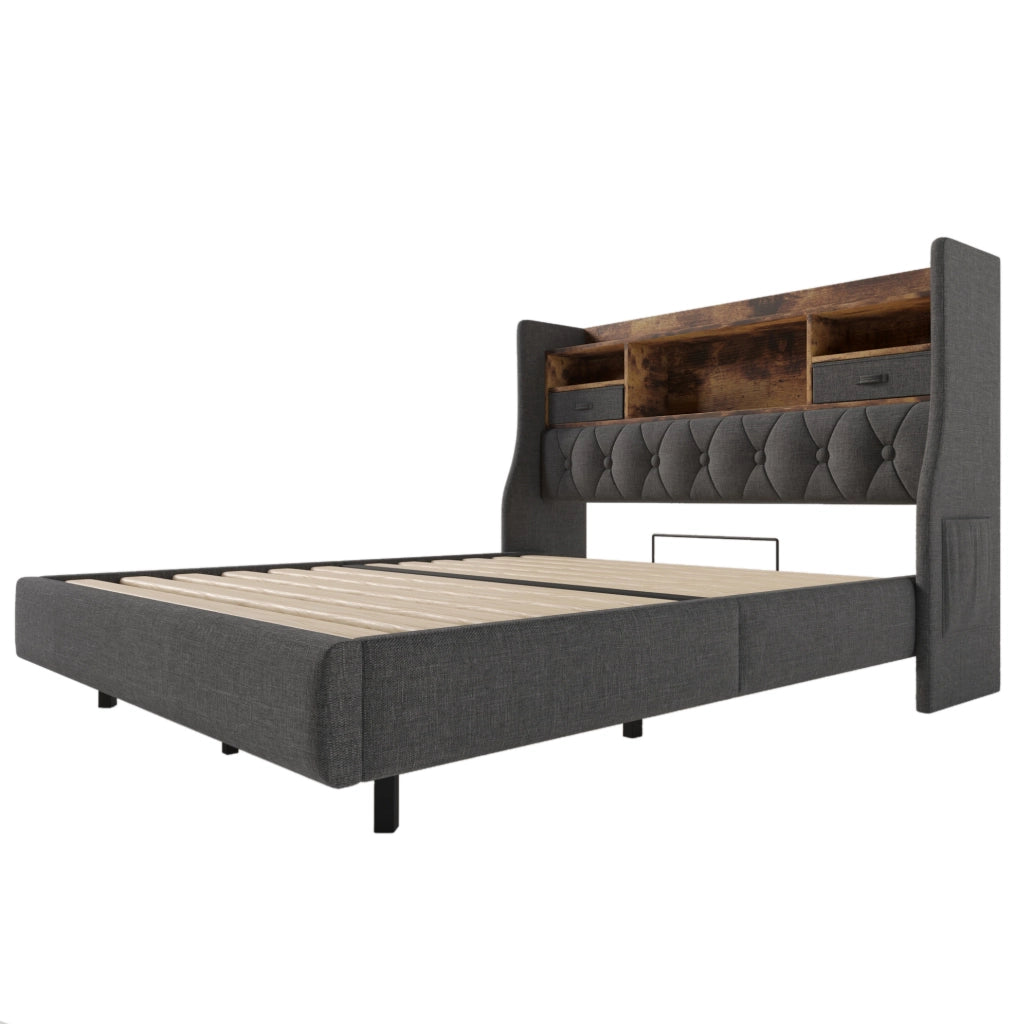 Letto matrimoniale 140x200 cm in lino grigio con LED; testiera con ricarica USB e vani portaoggetti