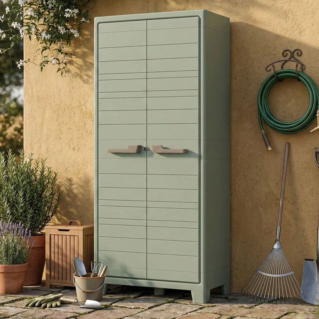 Armadio da esterno Quesnel, Mobile outdoor, Mobiletto giardino multiuso, Made in Italy, 80x44 h182 cm, Grigio e Verde