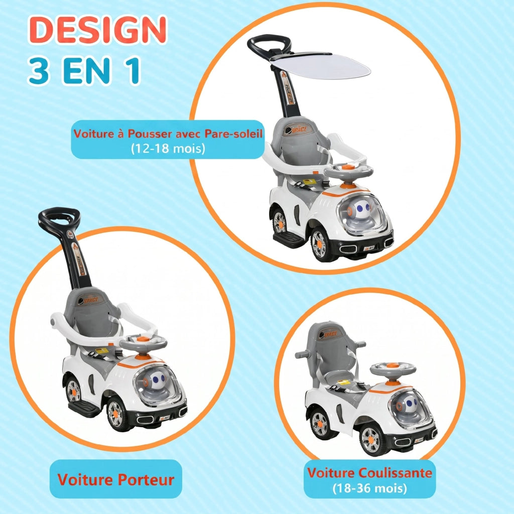 Macchina Cavalcabile per Bambini 3 in 1 Auto a Spinta con Maniglione Pedali e Parasole Robot Bianco