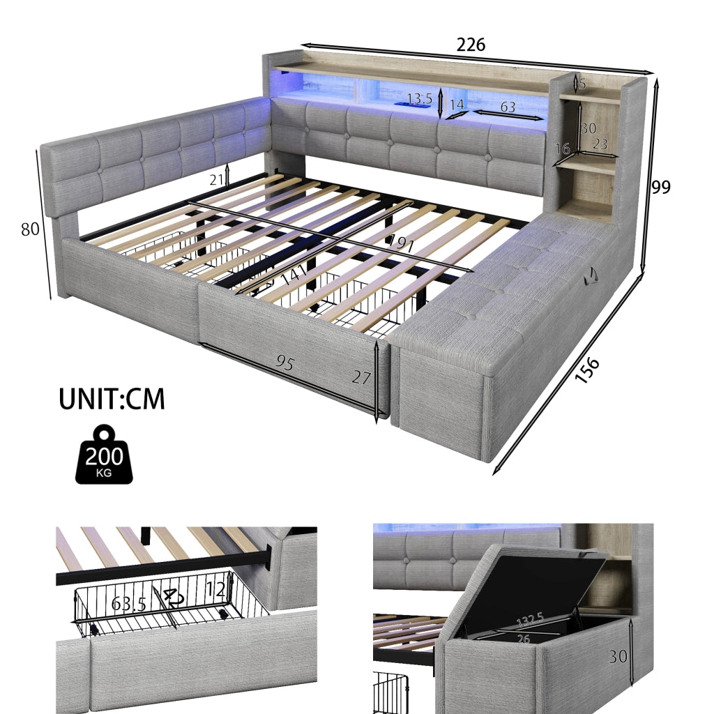 Divano letto 140 x 190 cm con contenitori e cassetti letto matrimoniale per camera in MDF e velluto grigio