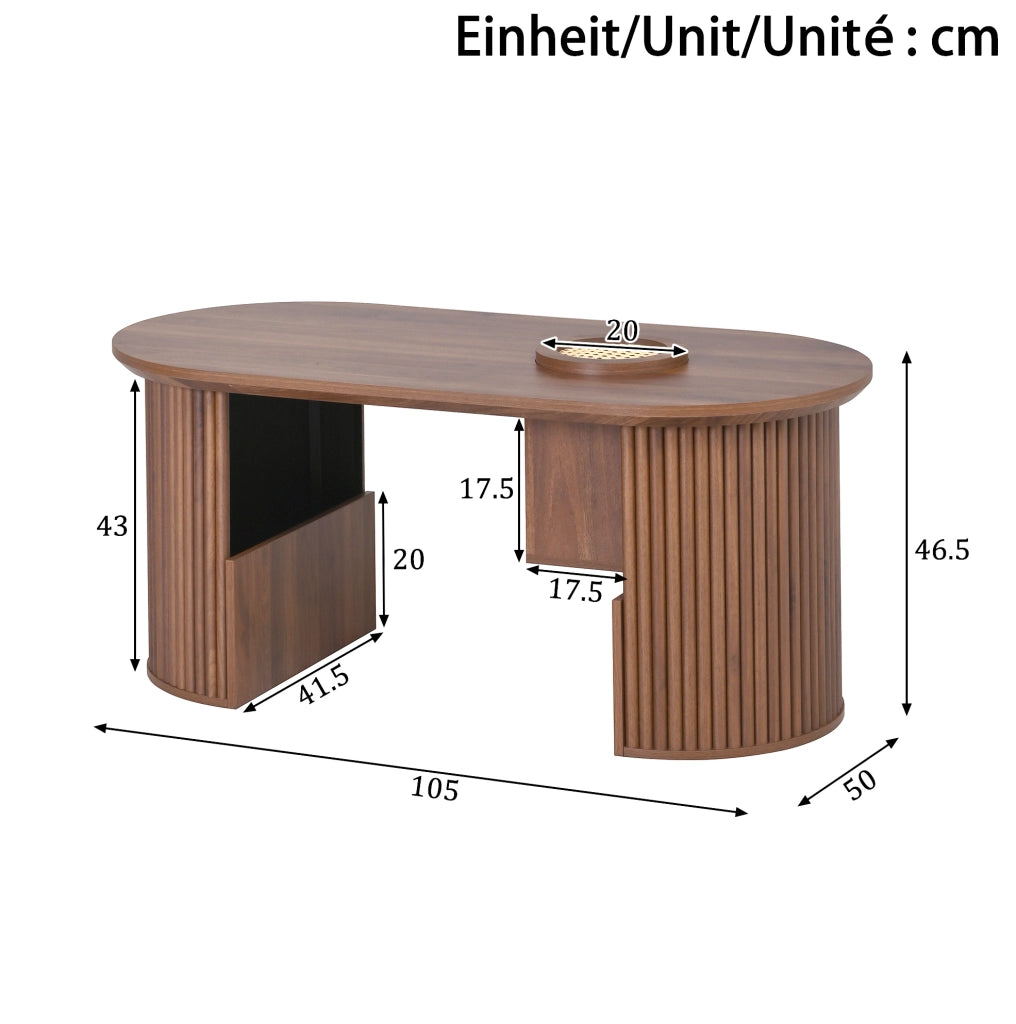 Tavolino da caffè ovale con vani contenitore; 105 x 50 x 46;5 cm; MDF color noce