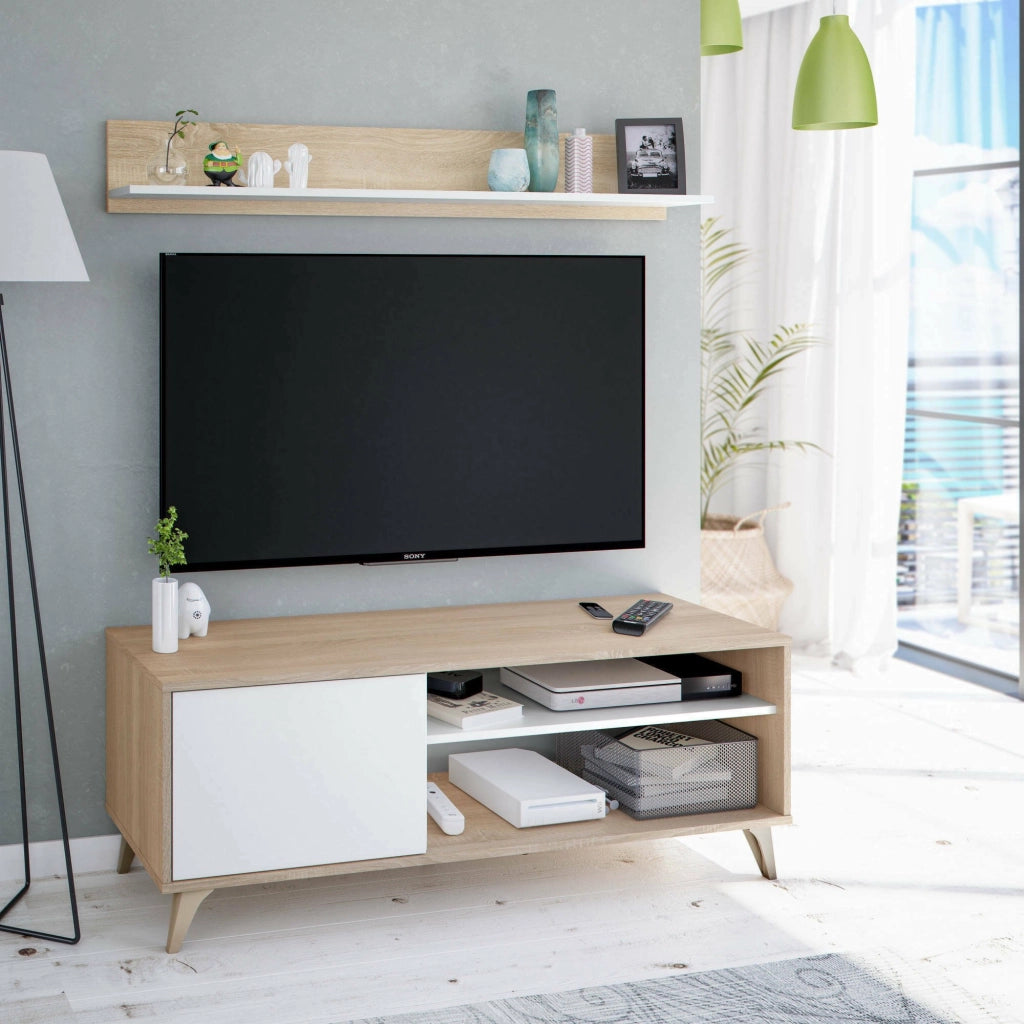 Mobile porta TV Amerino, Credenza per televisione da soggiorno con 1 anta,Supporto TV da salotto, Madia di design, cm 135x40h50, Rovere