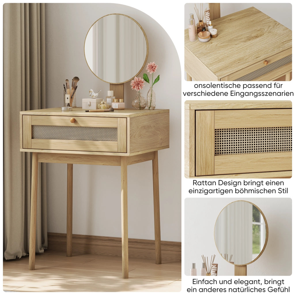 Toeletta compatta in stile boho con specchio rotondo e cassetti, finitura rovere