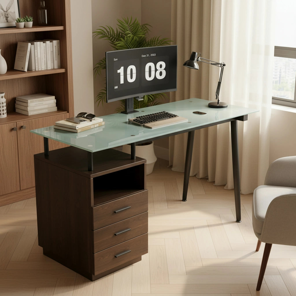 Scrivania con Cassetti e Piano in Vetro Temperato ¨C MINIMAL ¨C Marrone/Nero, 130x50x75