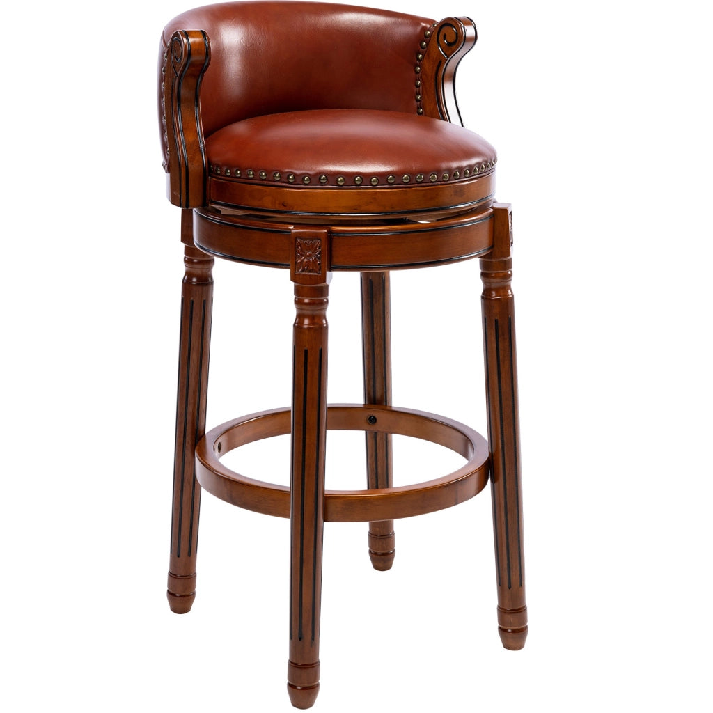 Sgabello da bar in legno color avorio con seduta in pelle bovina, girevole a 360°, altezza 75 cm con schienale