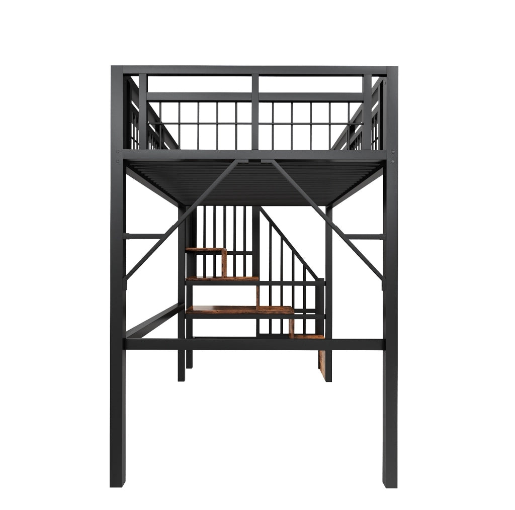 Letto a soppalco 90x200 cm in metallo e MDF con LED controllabile da app e scale con contenitore; nero