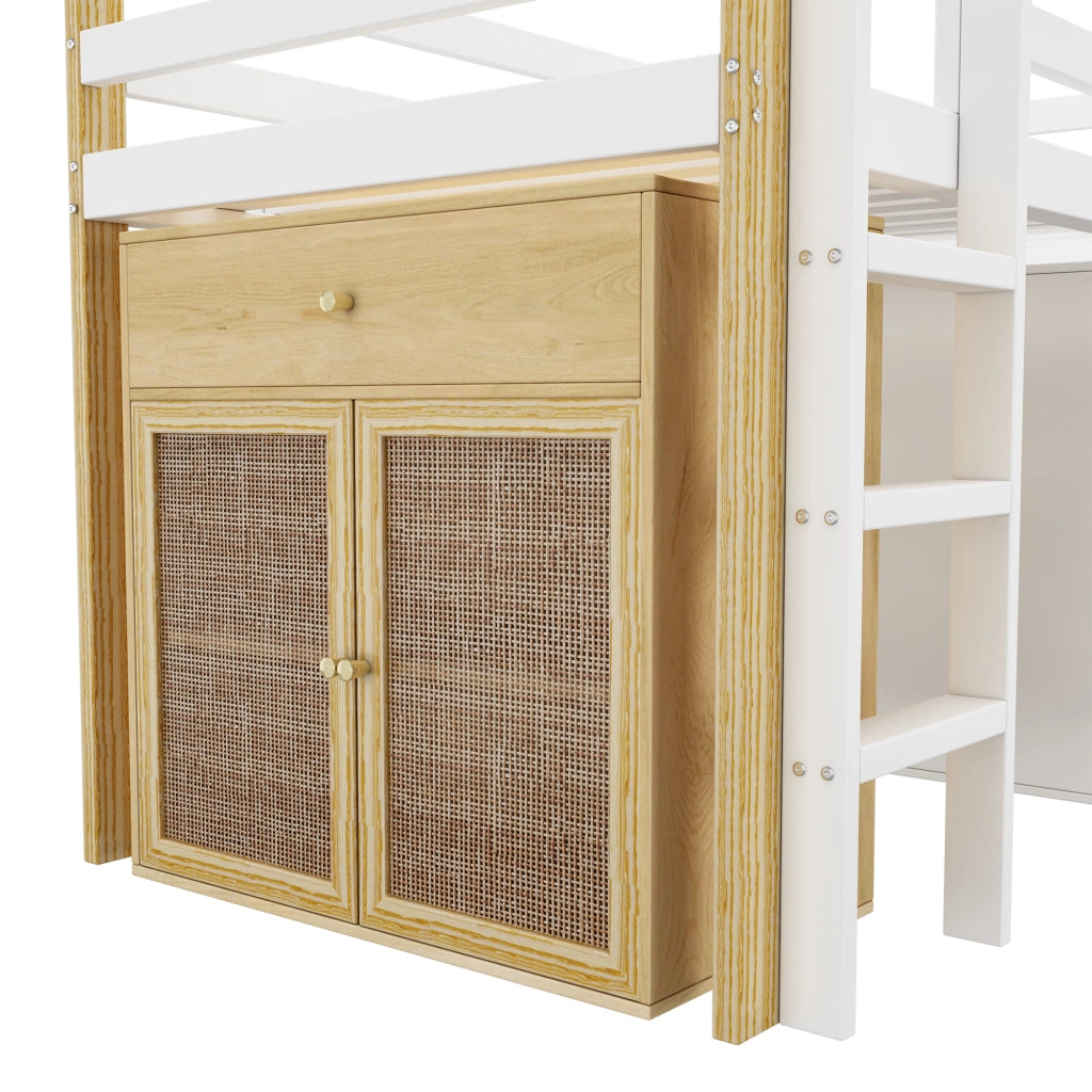 Letto a soppalco multifunzionale per bambini 90 x 200 cm con 2 armadi contenitori e scala, Naturale + Bianco